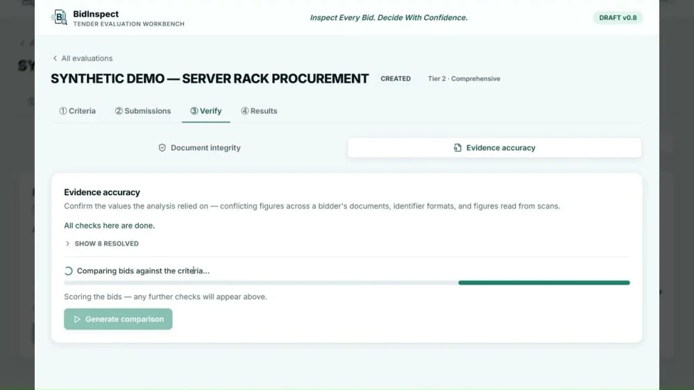 BidInspect tender evaluation workbench, showing the evidence accuracy verification step